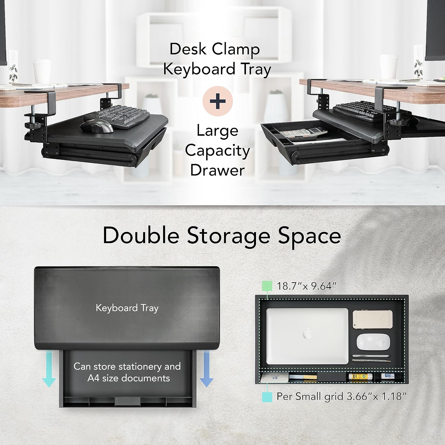 EHO Keyboard Tray with Drawer - Clamp On Under Desk Pull Out Extender Table Attachment Platform with Storage Organizer, Large 27.5" (31.8" Including Clamps) x 12.2", Height Adjustable for Home Office