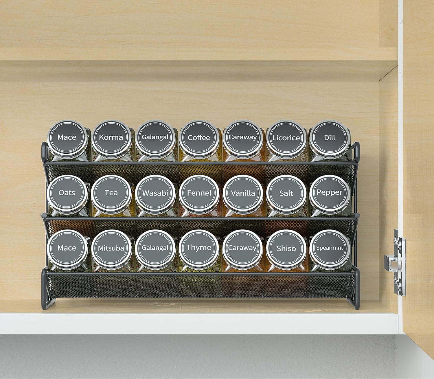 SpaceAid Spice Rack Organizer with 21 Spice Jars, 386 Spice Labels, Chalk Marker and Funnel Set for Cabinet, Countertop, Pantry, Cupboard or Door & Wall Mount - 21 Jars, 13.4" W × 9" H, Black