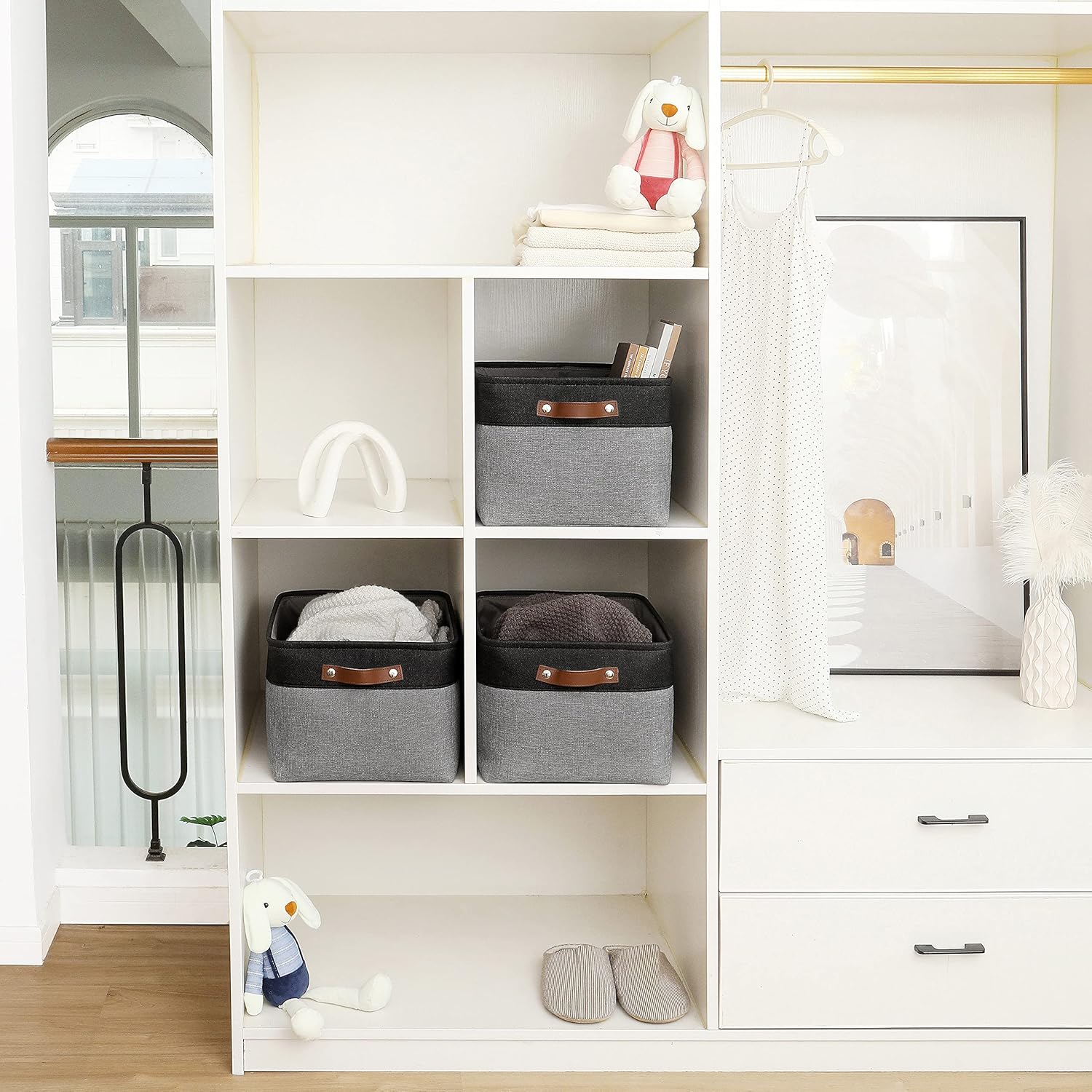 OrganiHaus Extra Large Fabric Storage Baskets for Shelves 3 Pack, 16x13in Closet Storage Bins for Shelves, Canvas Baskets for Organizing, Linen Closet Organizers, Cloth Basket, Gray/Black