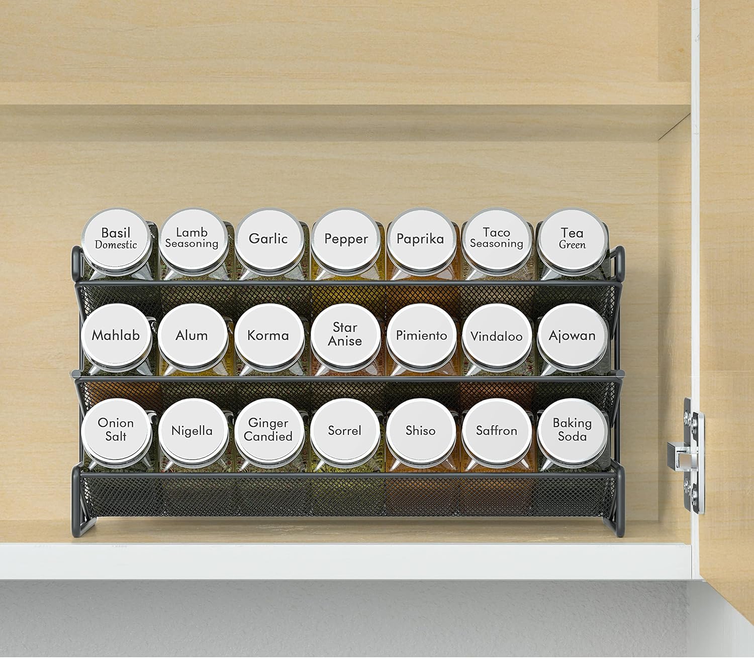 SpaceAid Spice Rack Organizer with 21 Spice Jars, 386 Spice Labels, Chalk Marker and Funnel Set for Cabinet, Countertop, Pantry, Cupboard or Door & Wall Mount - 21 Jars, 13.4" W × 9" H, White