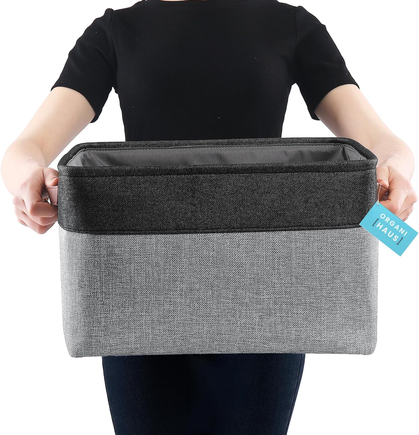 OrganiHaus Extra Large Fabric Storage Baskets for Shelves 3 Pack, 16x13in Closet Storage Bins for Shelves, Canvas Baskets for Organizing, Linen Closet Organizers, Cloth Basket, Gray/Black