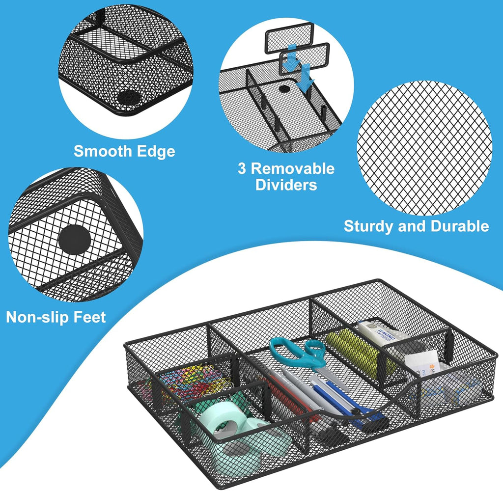Desk Drawer Organizer Tray, Metal Mesh Drawer Organizers Office, 6 Adjustable Compartment, Desk Organizer Tray for Home Office 12 x 8.26 x 1.96 inch, Black, 1 Pack