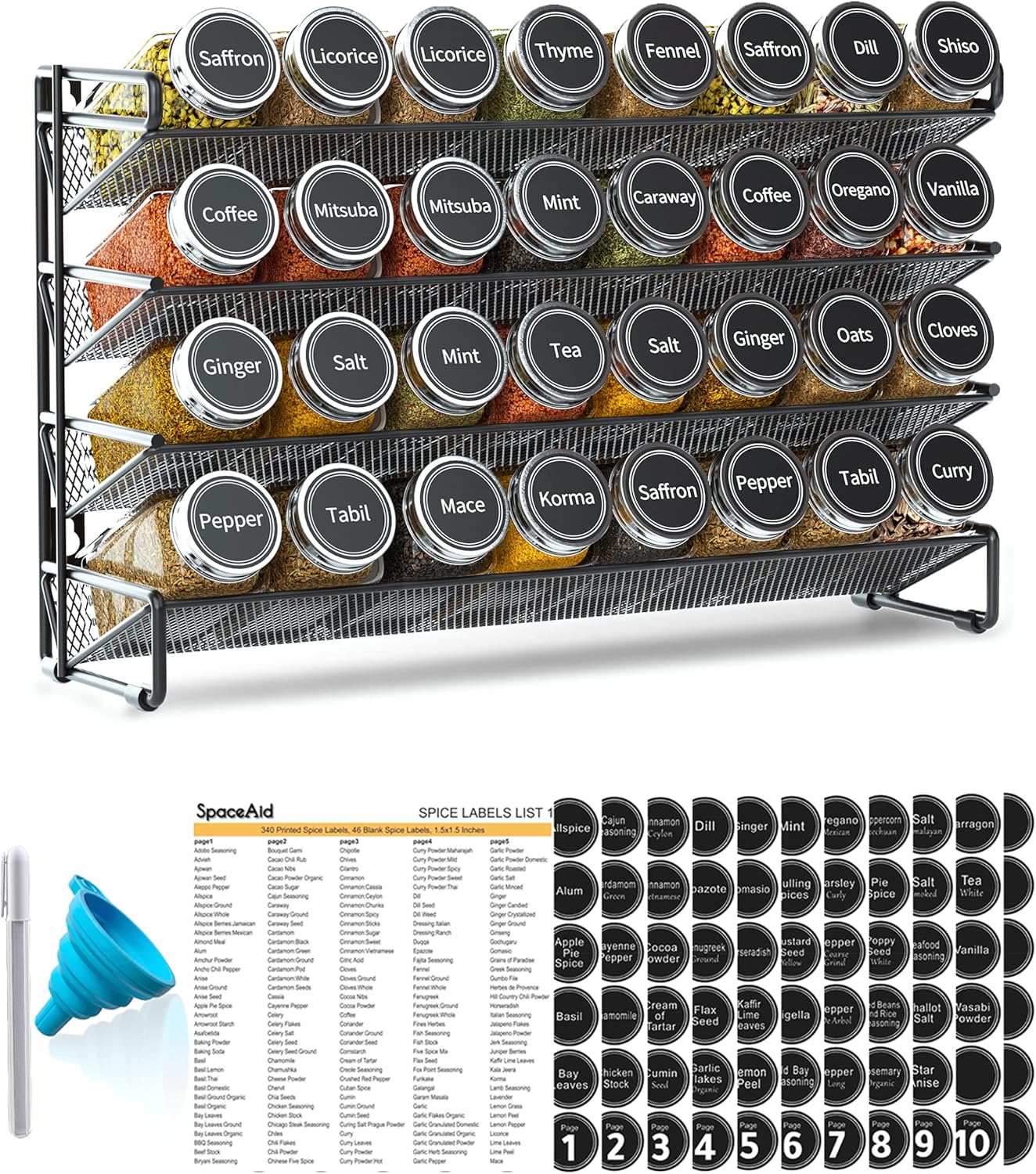 SpaceAid Spice Rack Organizer with 32 Spice Jars, 386 Spice Labels, Chalk Marker and Funnel Set for Cabinet, Countertop, Pantry, Cupboard or Door & Wall Mount - 32 Jars, 15.3" W × 10.8" H, Black
