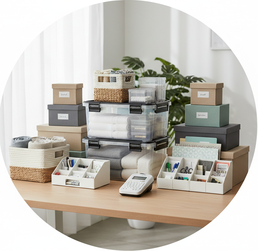 circle photo of storage and organization supplies, make a real photo